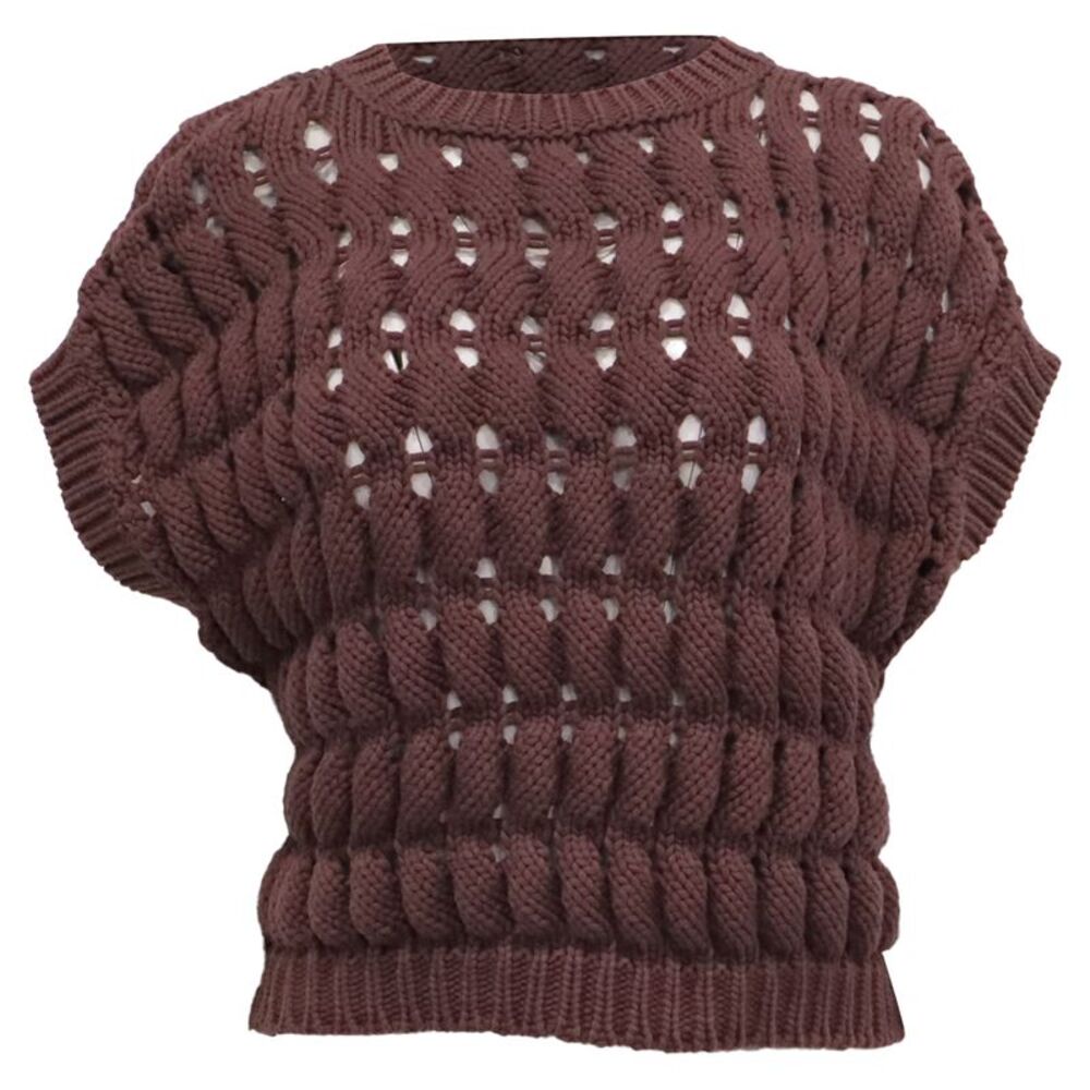 Brunello Cucinelli Open-Work Knitted Top in Brown Cotton
